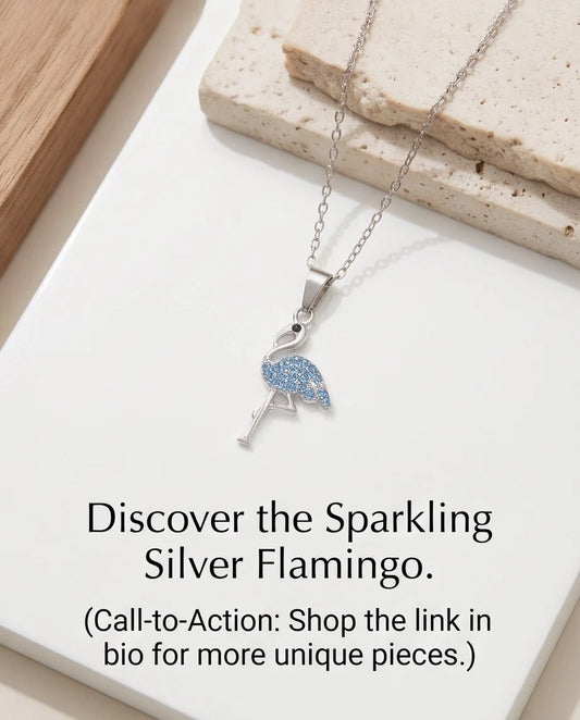 Silver Blue Crystal Paved Flamingo Pendant Necklace
