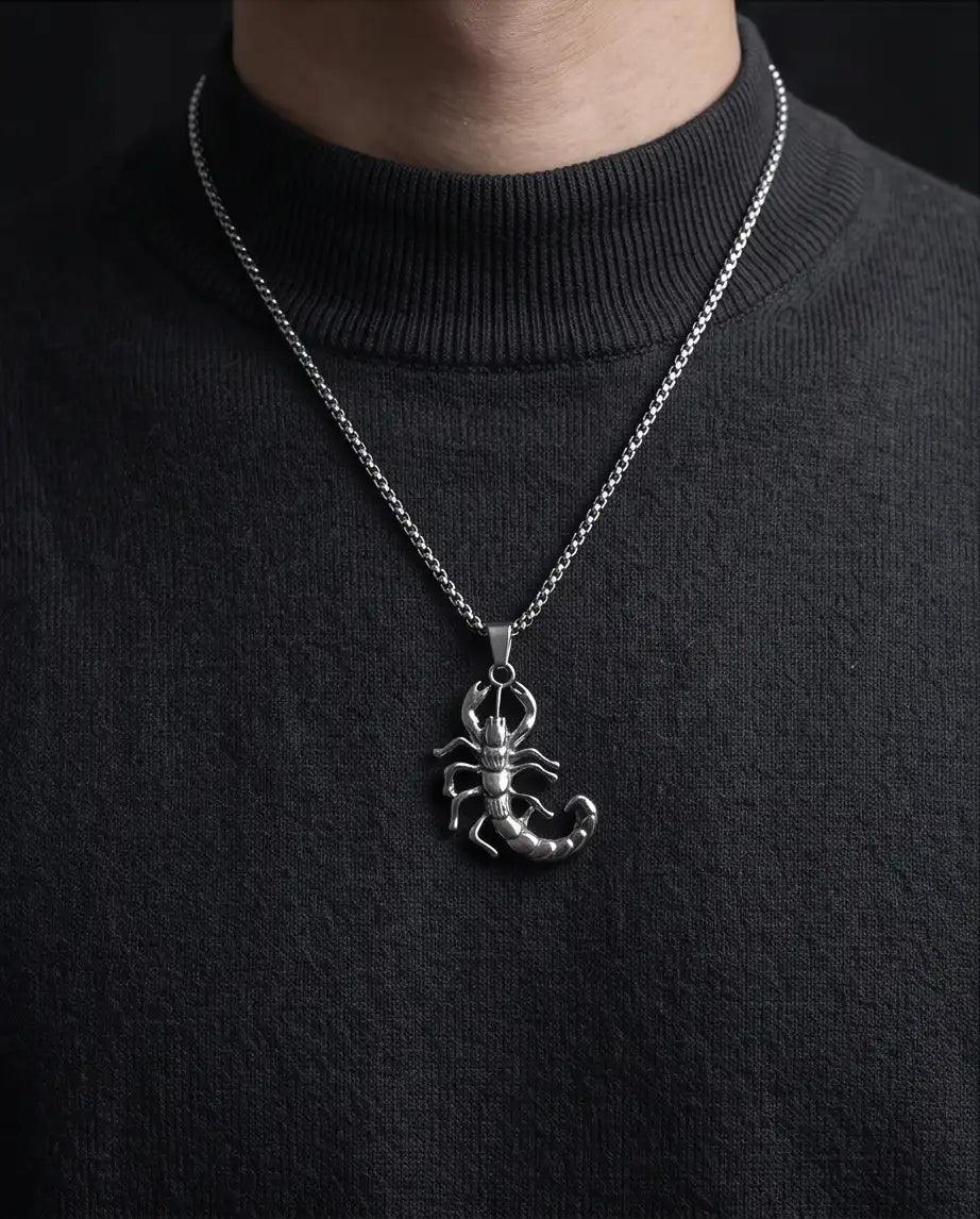 Sculpted Scorpion Pendant Silver Box Chain Necklace