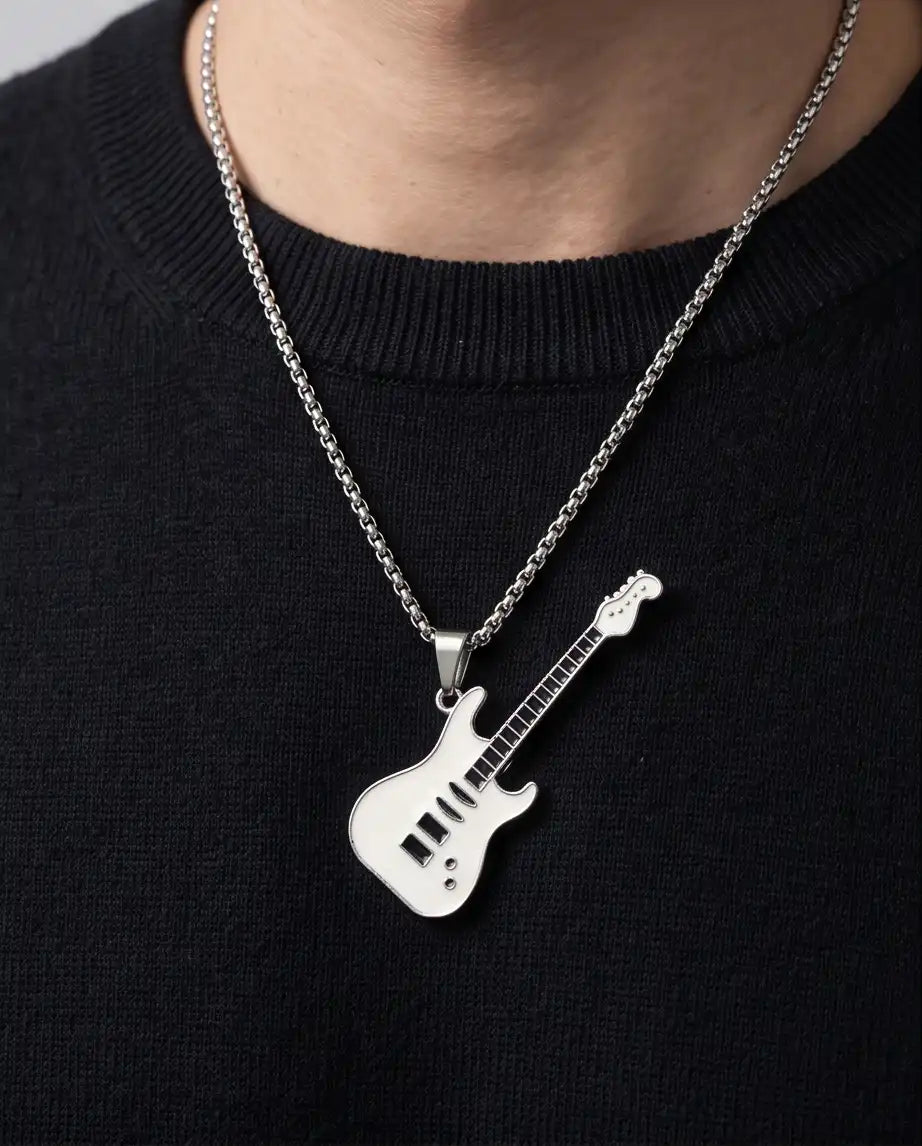 White Enamel Electric Guitar Pendant Silver Box Chain Necklace