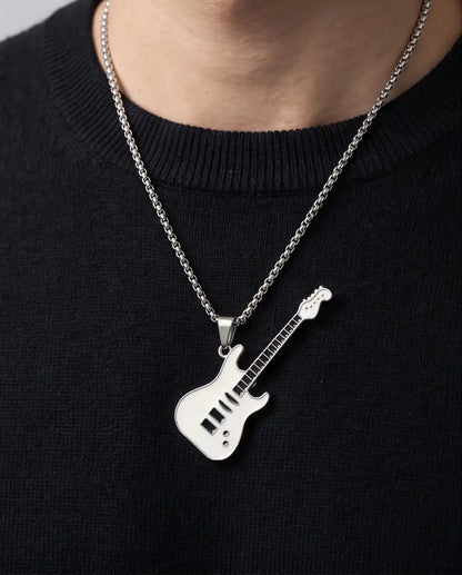 White Enamel Electric Guitar Pendant Silver Box Chain Necklace