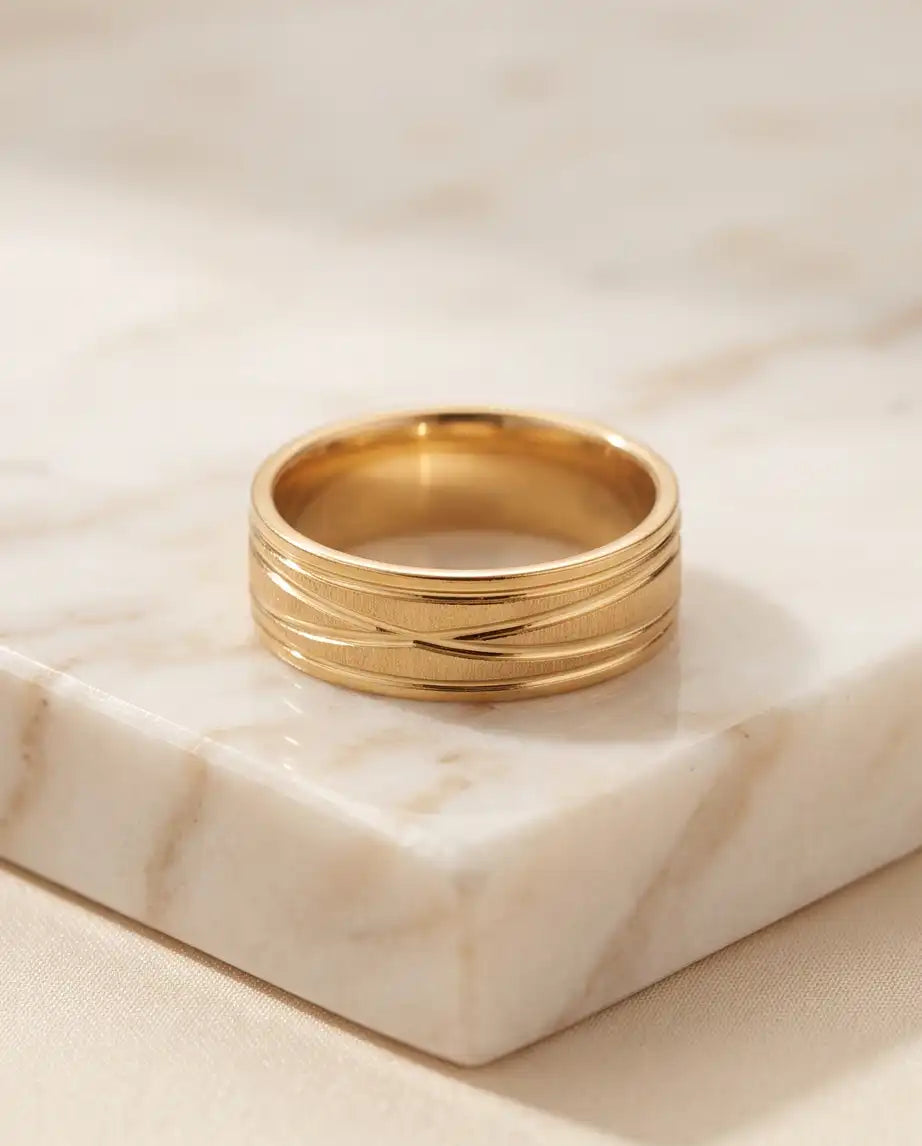 Gold-Tone Textured Diagonal Groove Band Ring