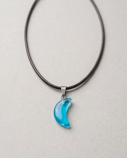 Silver Cyan Crescent Moon Resin Pendant Necklace