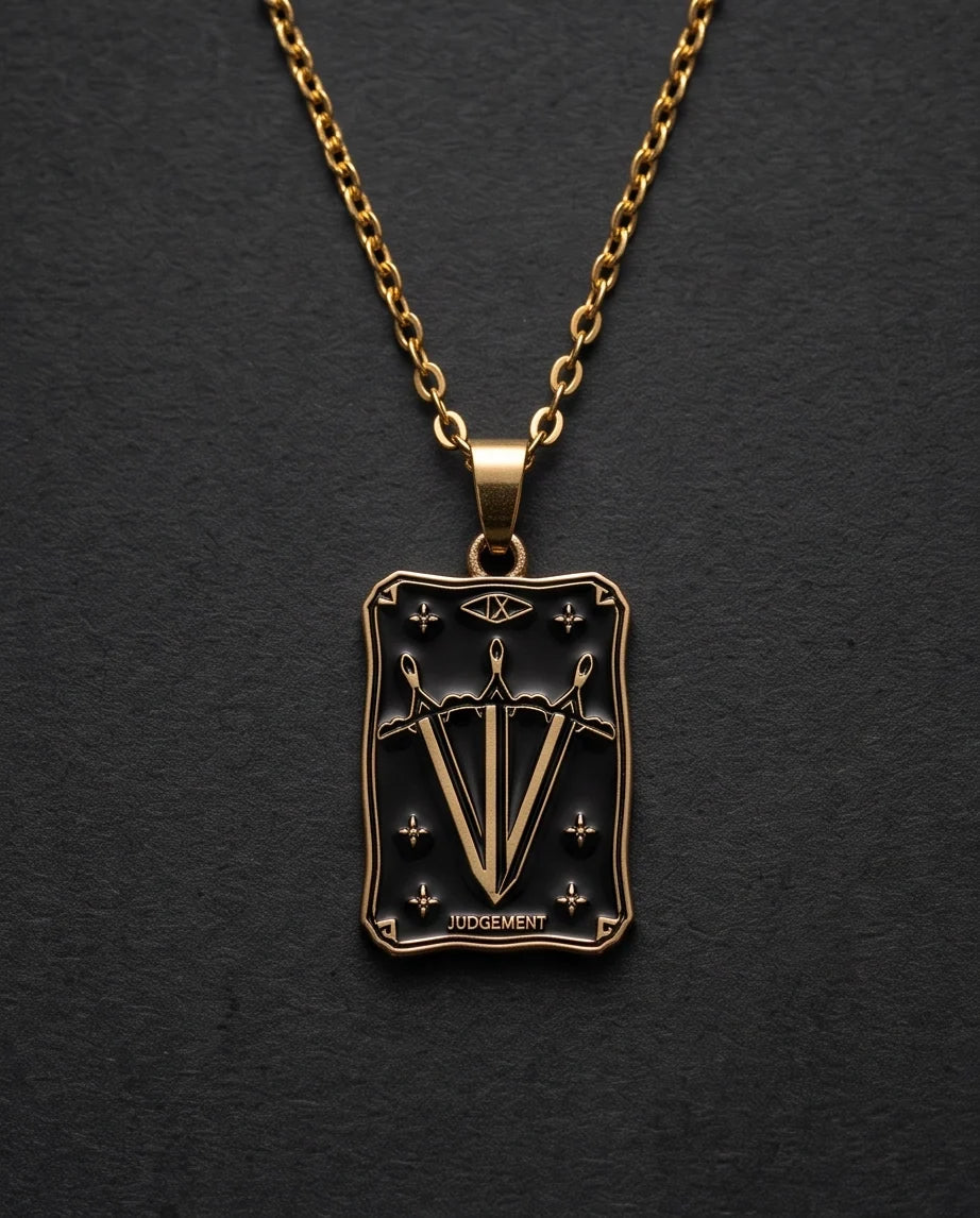Gold "Judgement" Three Swords Tarot Card Pendant Necklace
