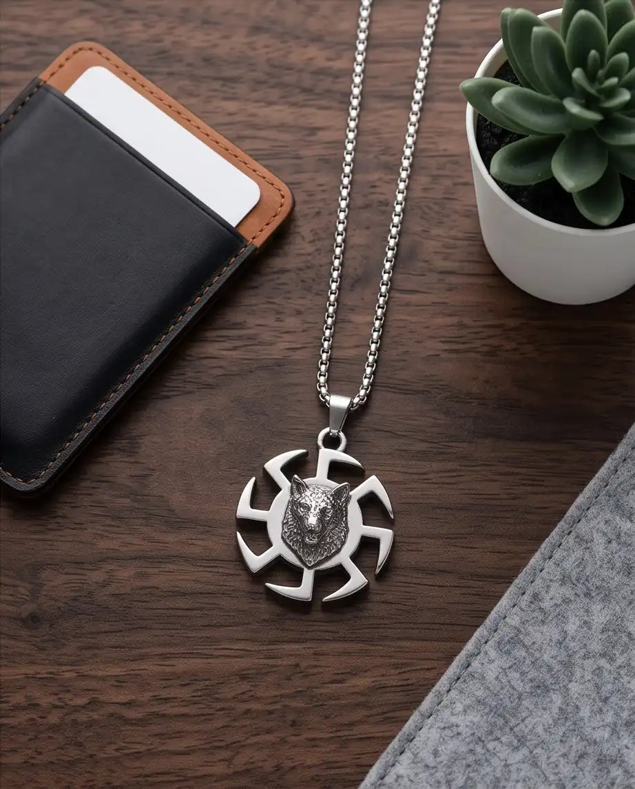 Black Sun Wolf Medallion Pendant Box Chain