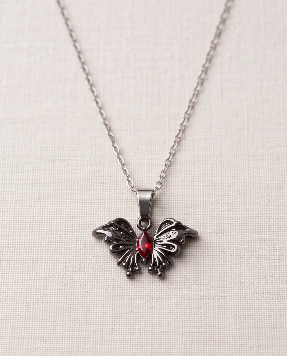 Black Gothic Butterfly Red Gem Pendant Necklace