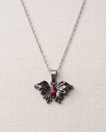 Black Gothic Butterfly Red Gem Pendant Necklace