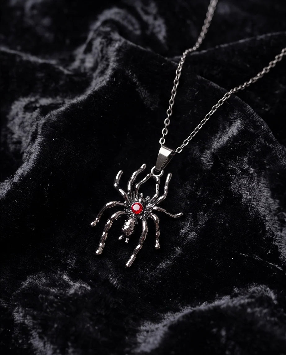 Black Spider Red Round Crystal Gem Pendant Necklace