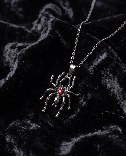 Black Spider Red Round Crystal Gem Pendant Necklace