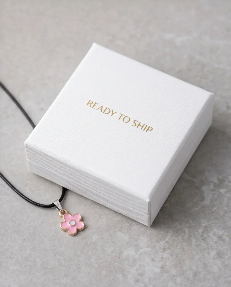 Dainty Pink Five-Petal Flower Enamel Pendant Necklace