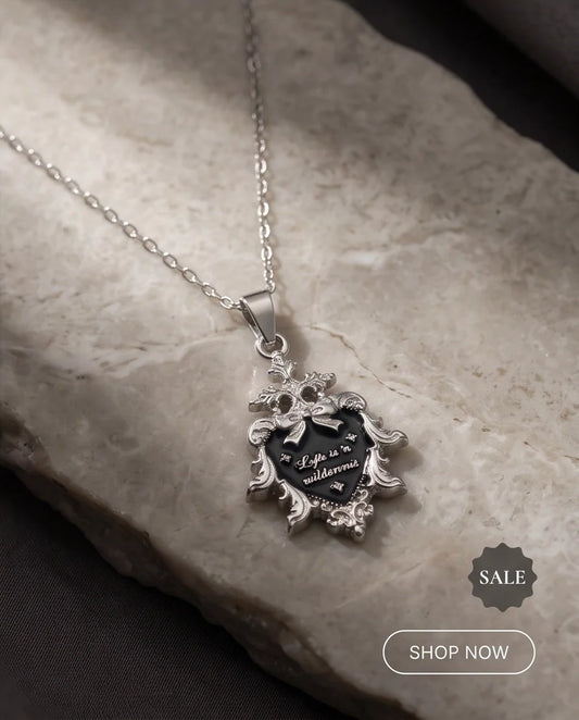 Silver Vintage Heart Engraved Black Enamel Pendant Necklace