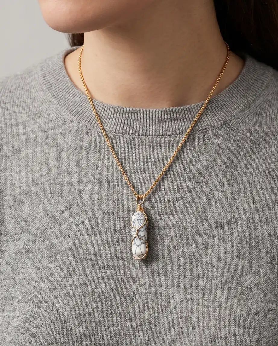 Wire-Wrapped White Howlite Crystal Point Pendant Box Chain