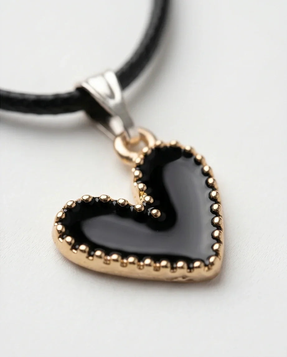 Gold Beaded Black Enamel Heart Necklace