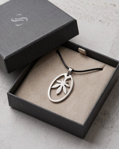 Brushed Silver Leaf Oval Cord Necklace