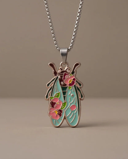 Gold Floral Cicada Enamel Chain Necklace
