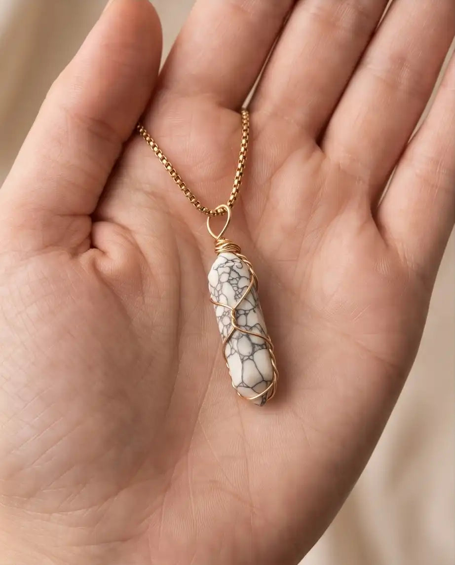 Wire-Wrapped White Howlite Crystal Point Pendant Box Chain