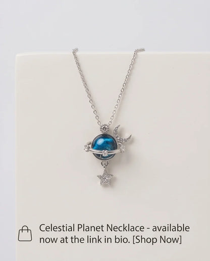 Silver Cosmic Planet Crescent Moon & Star Dangle Pendant Necklace