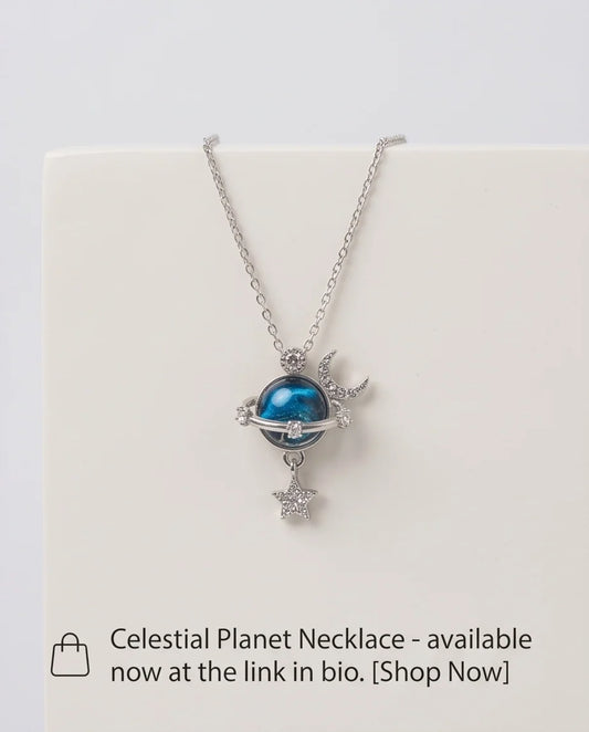 Silver Cosmic Planet Crescent Moon & Star Dangle Pendant Necklace
