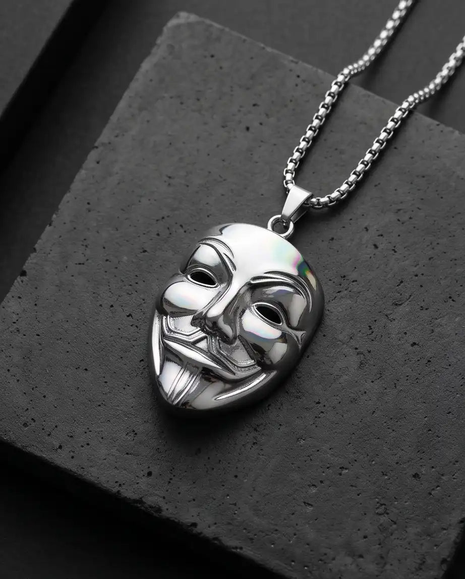 Guy Fawkes Masquerade Mask Pendant Silver Box Chain Necklace