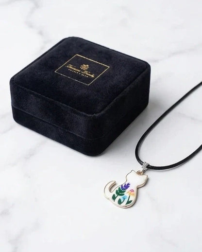 Artistic Floral Botanical Feline Silhouette Pendant Necklace
