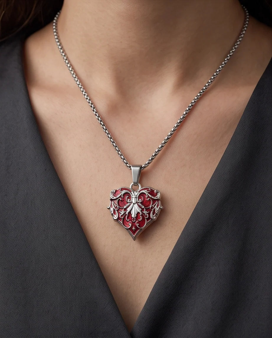 Silver Red Enamel Filigree Heart Pendant Necklace
