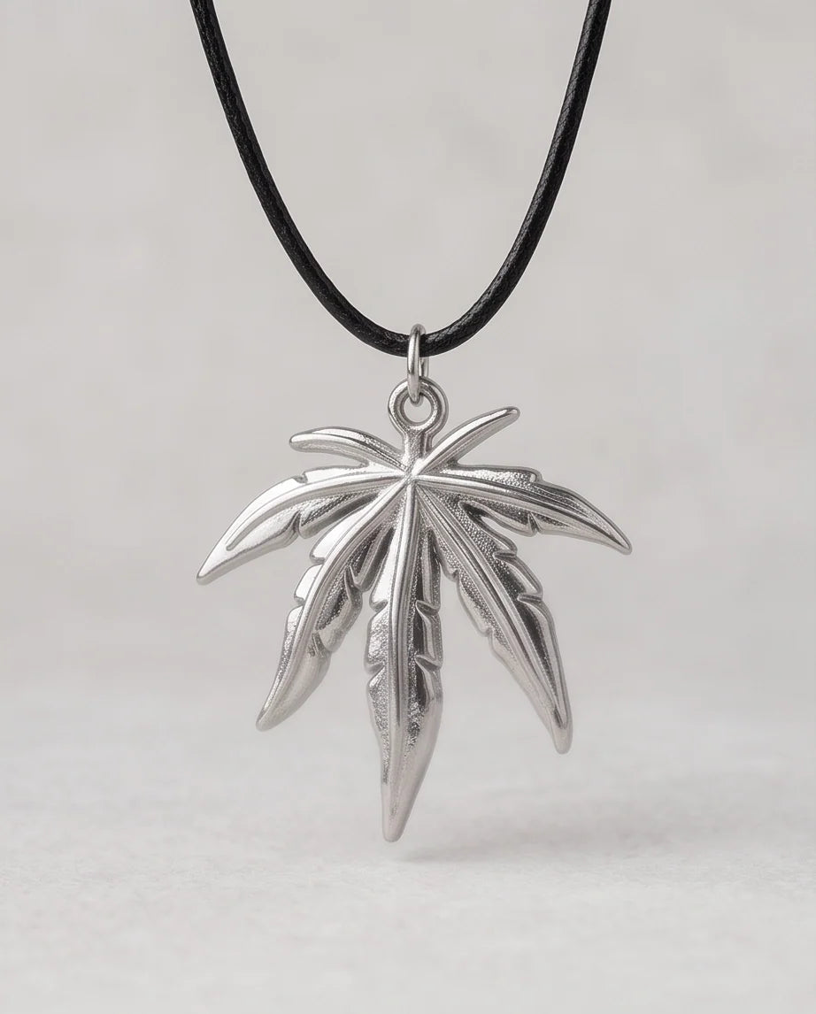 Silver Leaf Pendant Cord Necklace