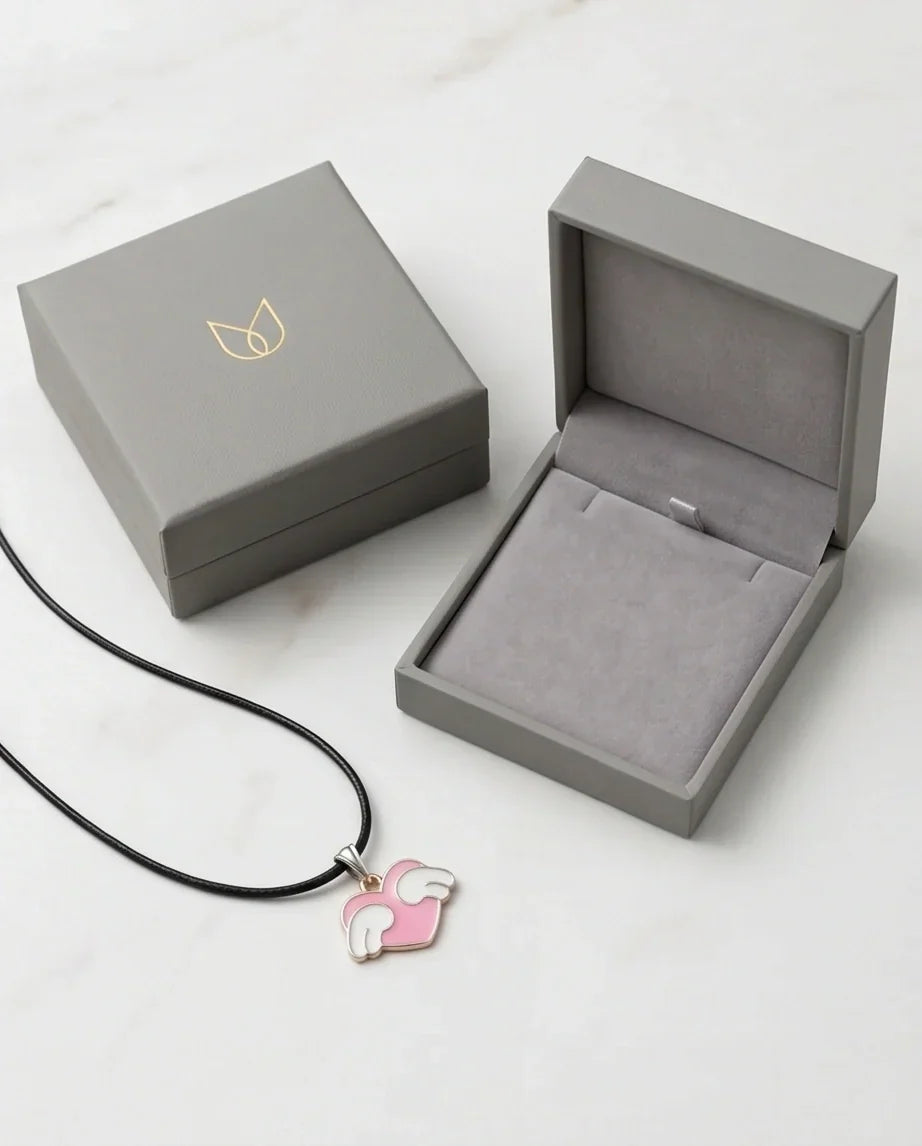 Pink Enamel Angel Winged Heart Pendant Necklace