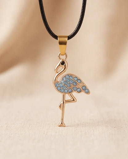 Gold Blue Crystal Paved Flamingo Pendant Necklace