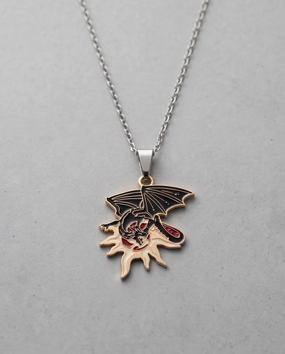 Gold Celestial Sun Dragon Enamel Pendant Necklace