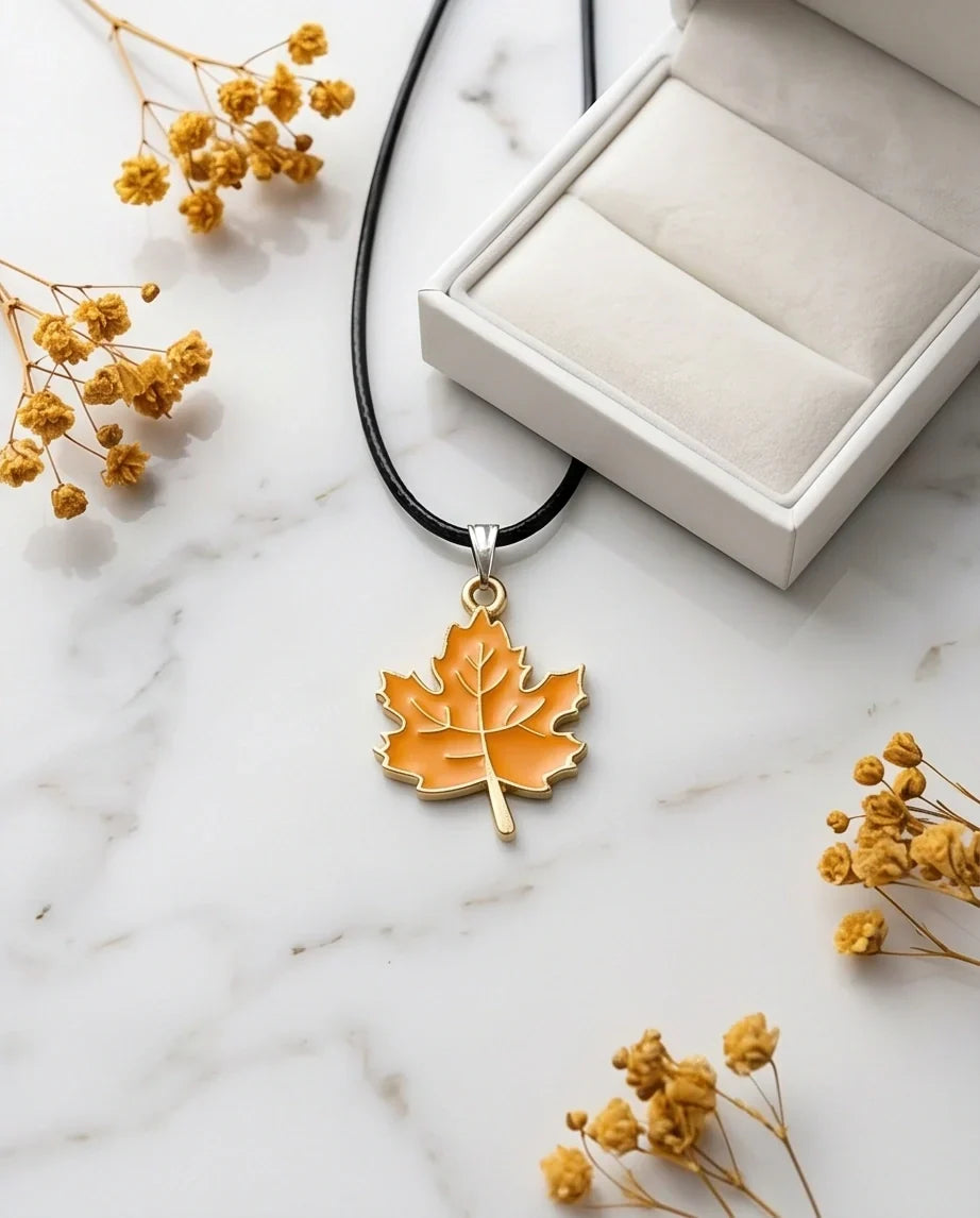 Golden Autumn Maple Leaf Enamel Pendant Necklace