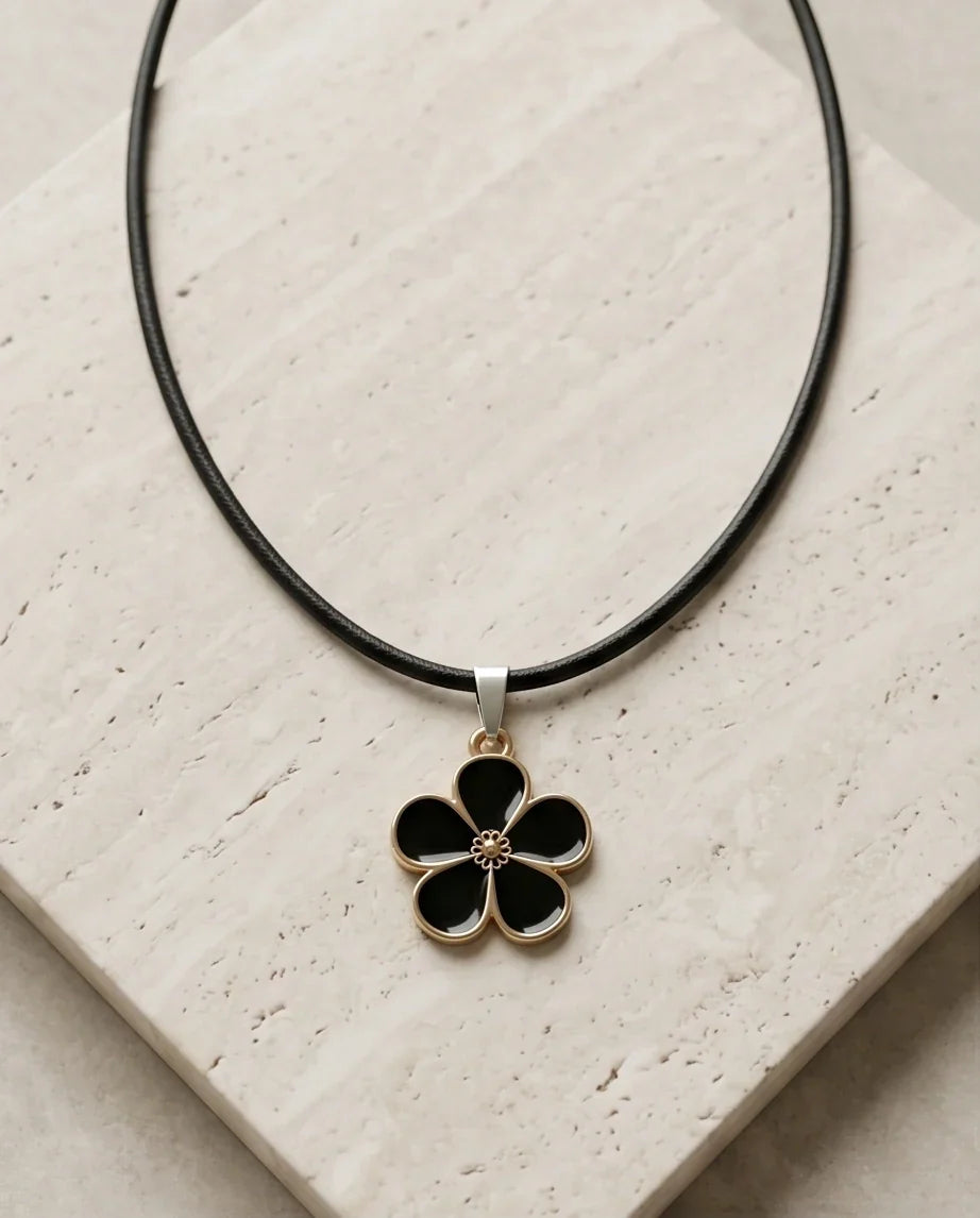 Gold and Black Flower Pendant Necklace