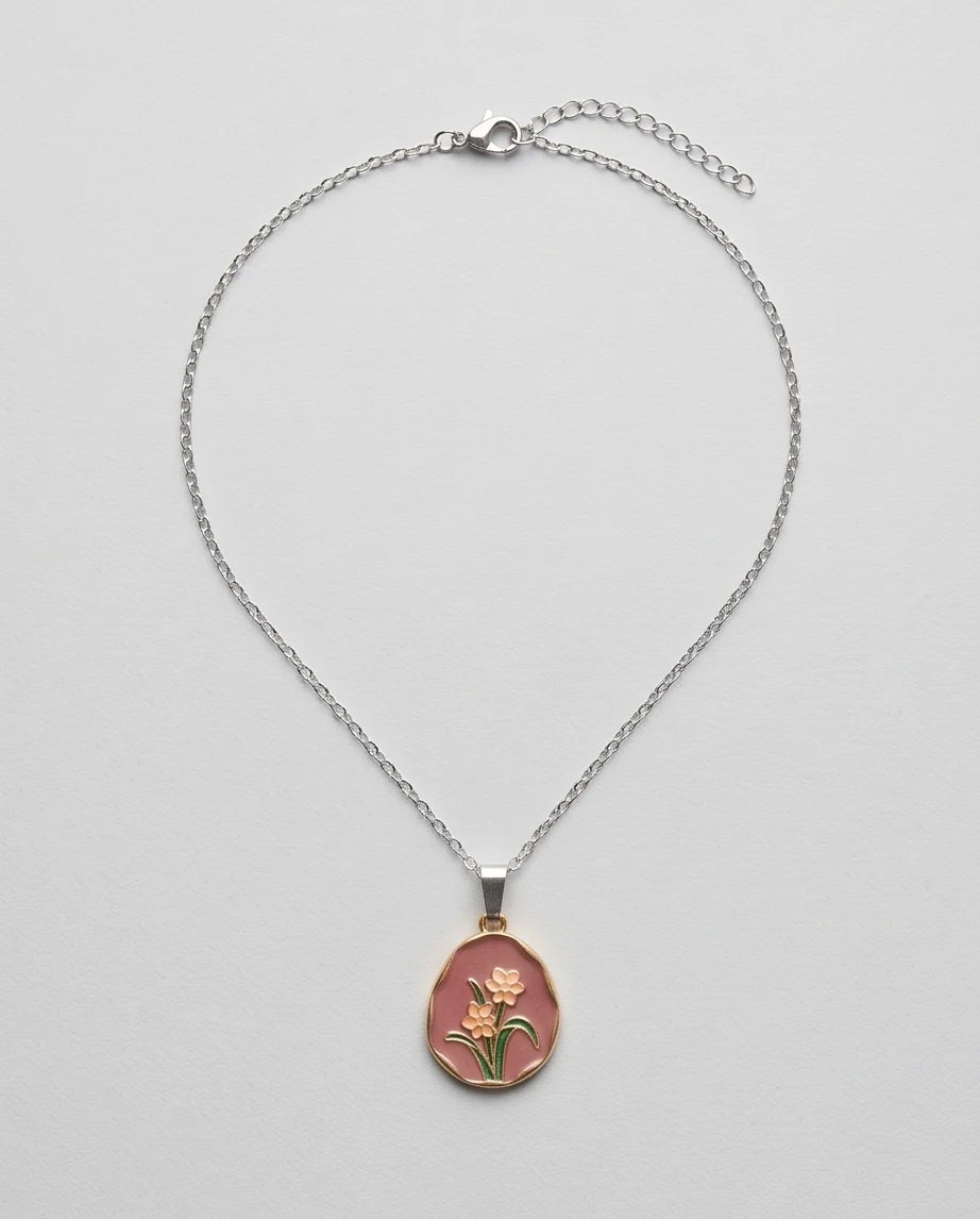 Gold Pink Floral Enamel Medallion Chain Necklace