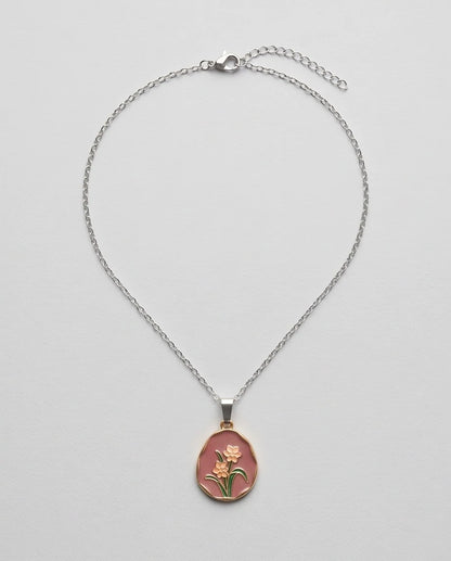 Gold Pink Floral Enamel Medallion Chain Necklace