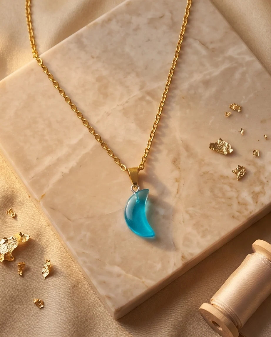 Silver Cyan Crescent Moon Resin Pendant Necklace