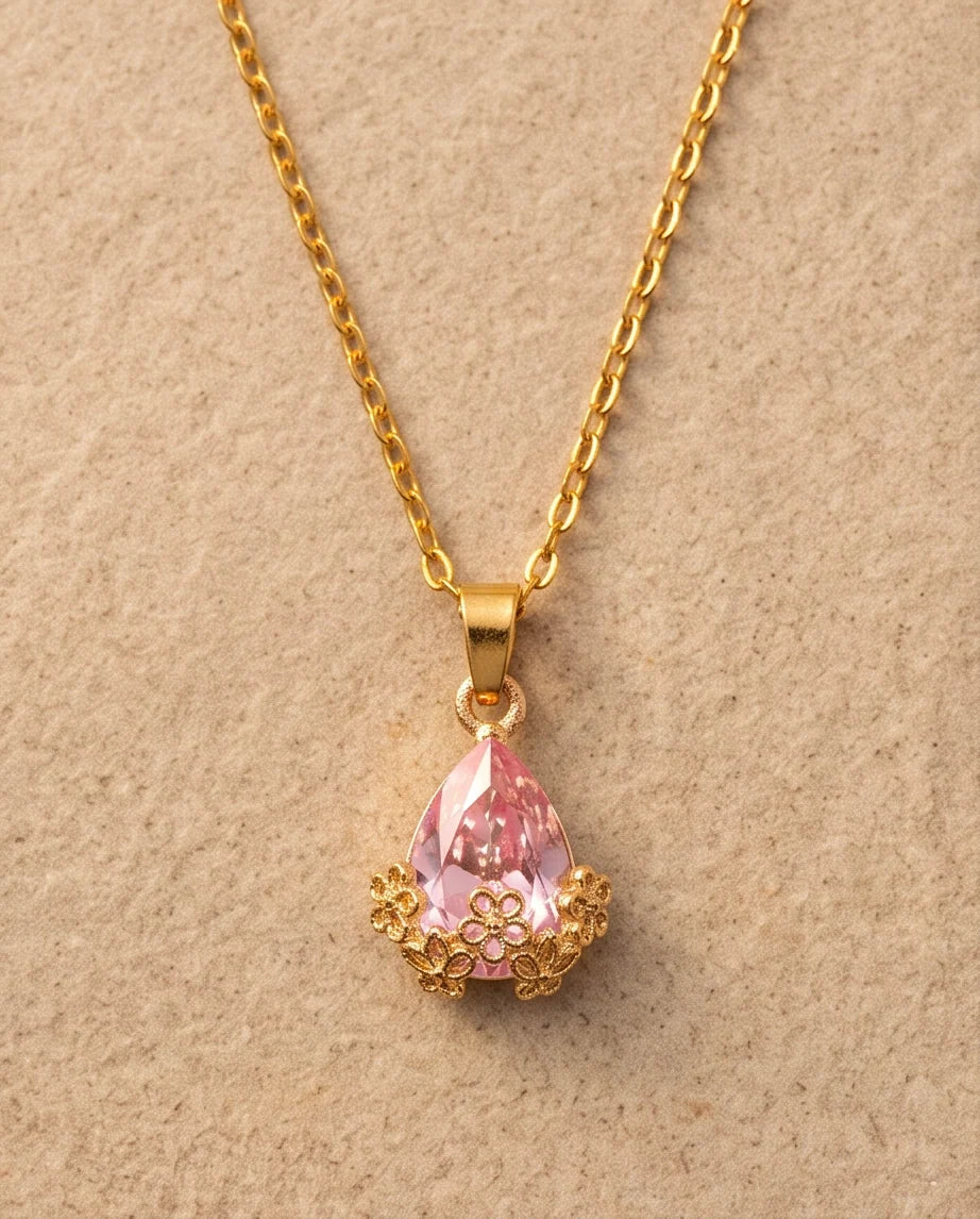 Gold Pink Teardrop Floral Basket Pendant Necklace