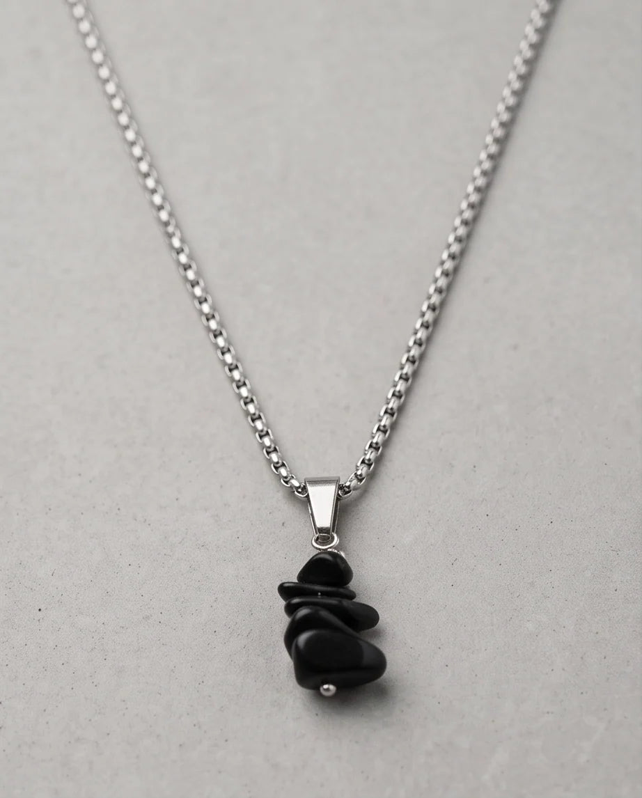 Silver Stacked Raw Black Obsidian Chip Stone Pendant Necklace