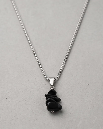 Silver Stacked Raw Black Obsidian Chip Stone Pendant Necklace
