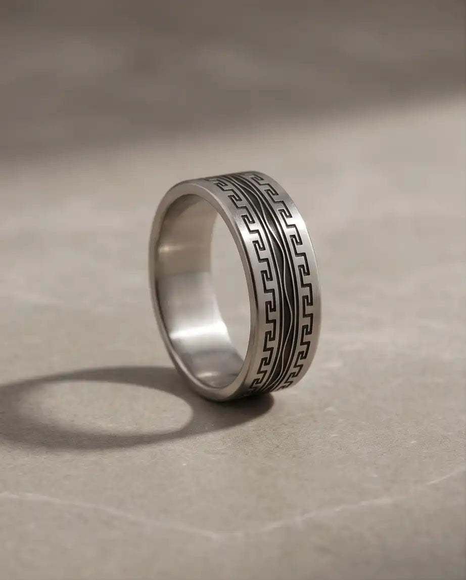 Greek Key Meander Texture Band Ring