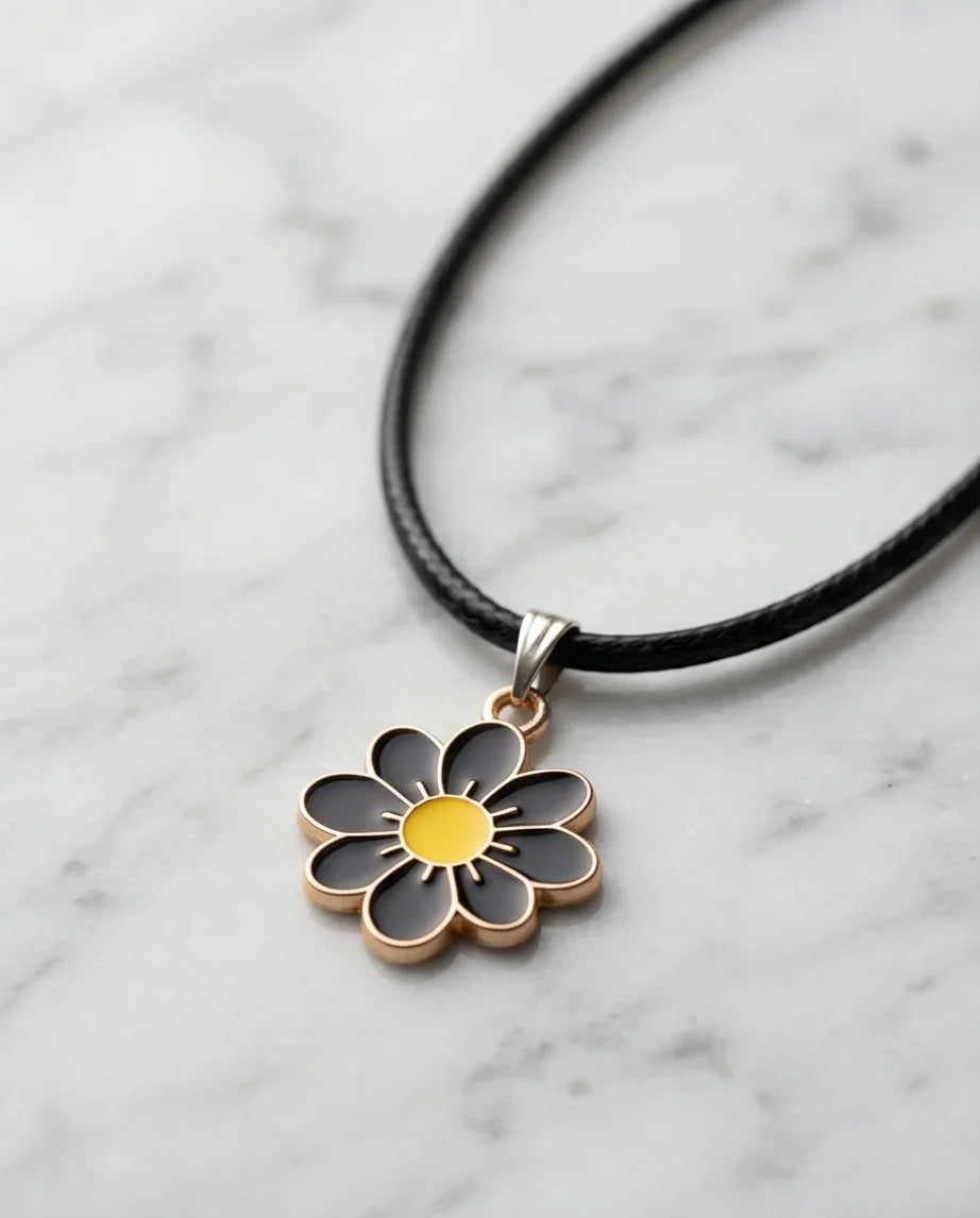 Gold and Black Daisy Pendant Necklace