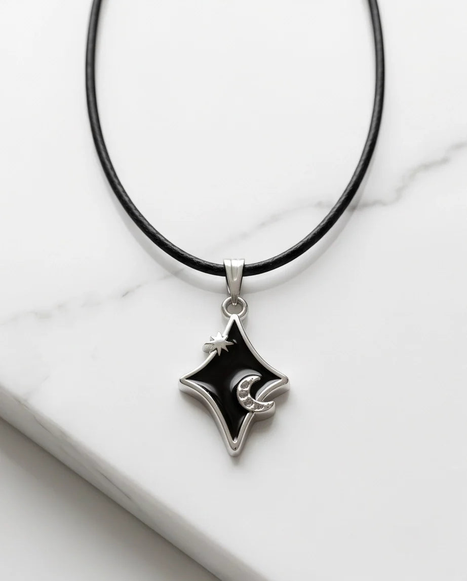 Celestial Black Starburst Moon Pendant Necklace