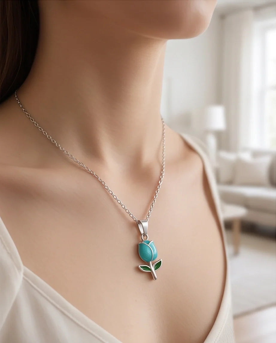 Silver Light Blue Enamel Tulip Pendant Necklace