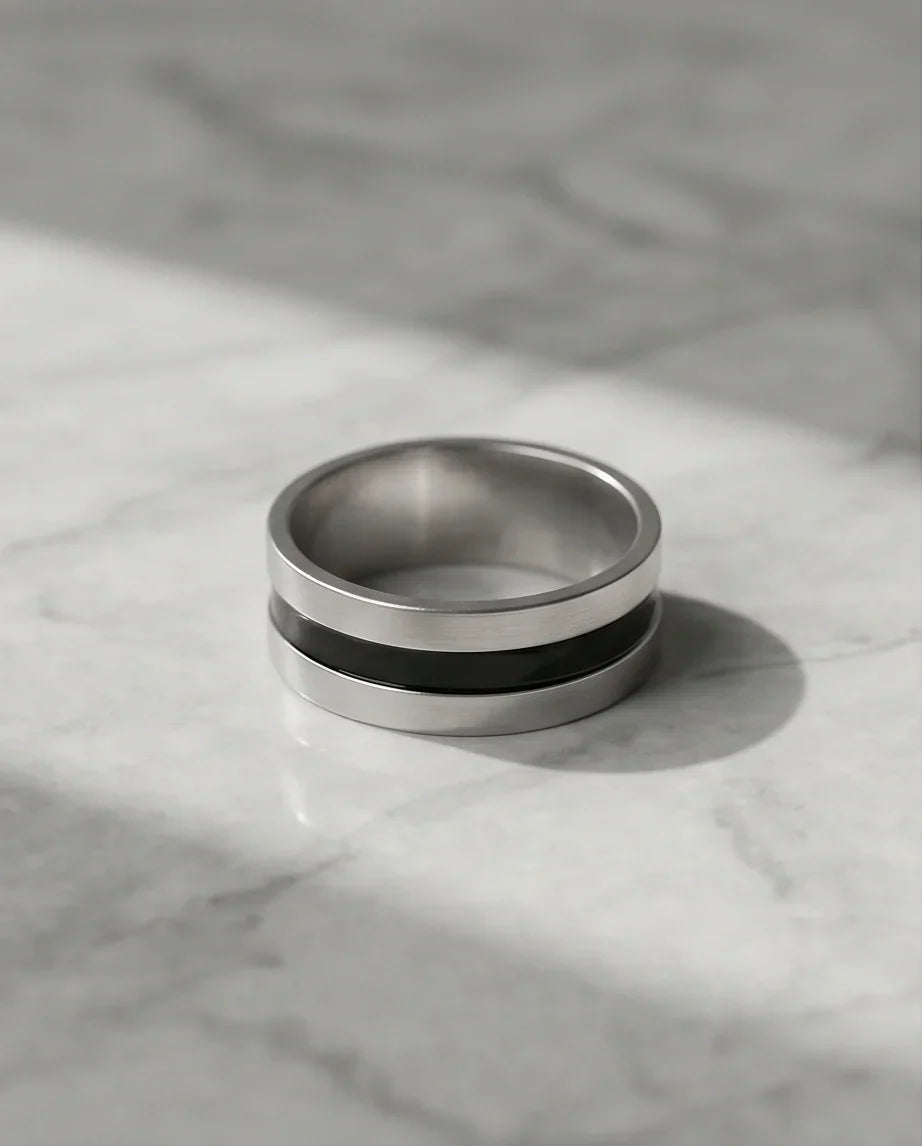 Minimalist Dual-Tone Silver and Black Band Ring