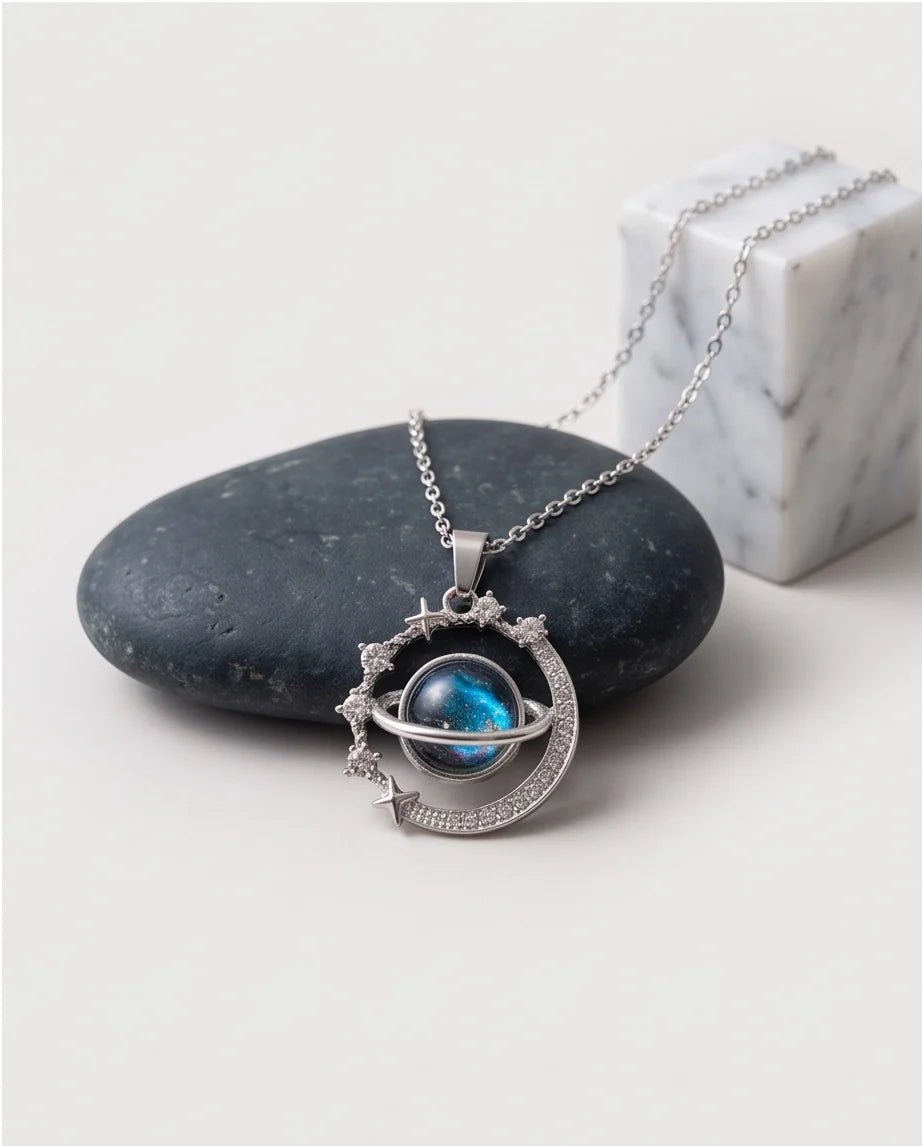 Silver Cosmic Galaxy Planet Crescent Pendant Necklace