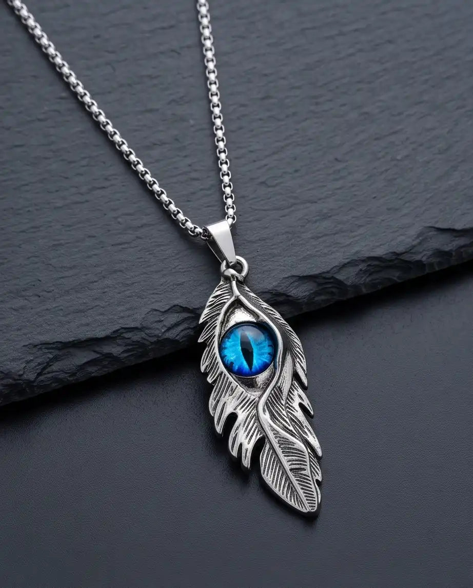 Blue Dragon Eye Feather Pendant Box Chain