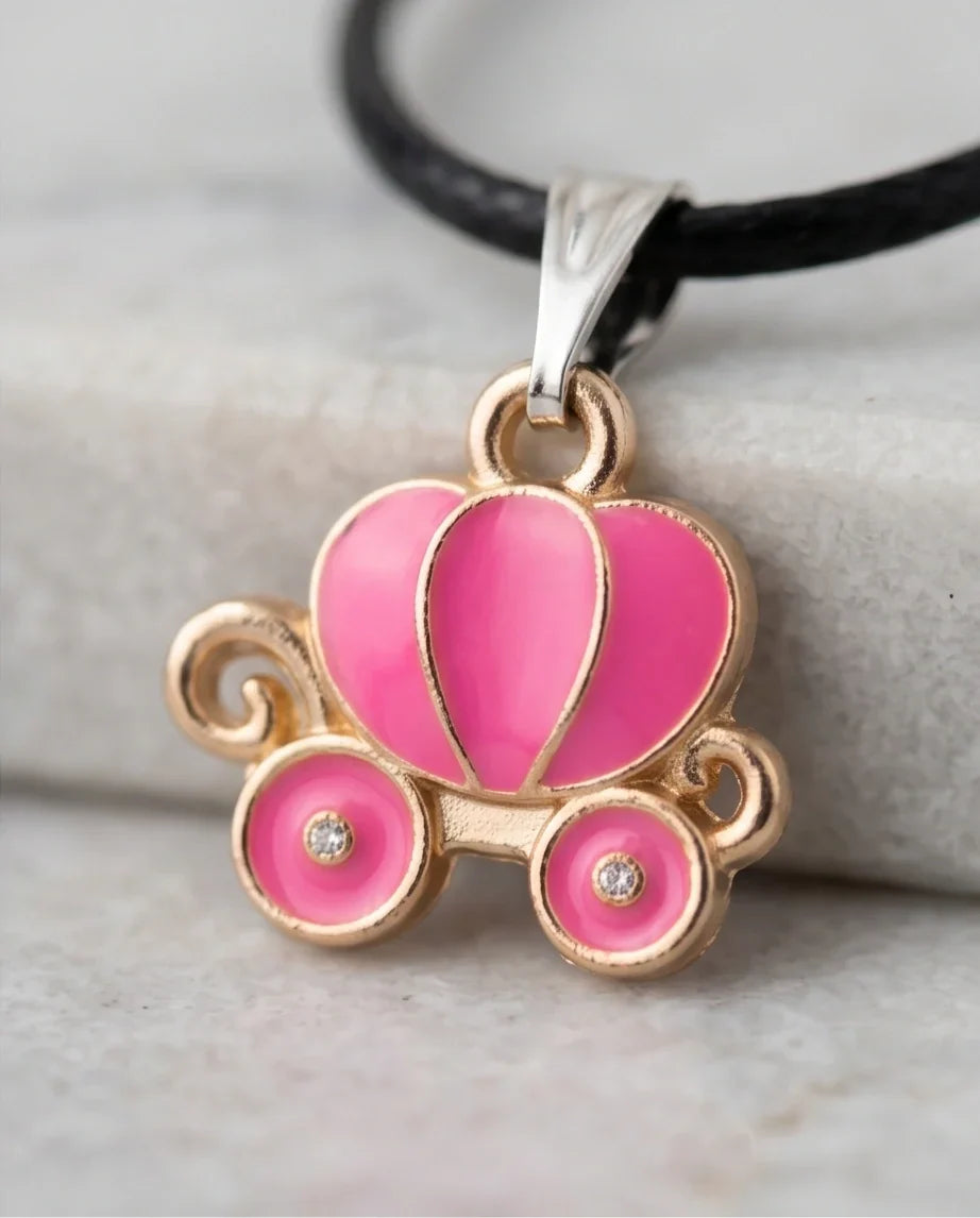 Pink Cinderella Pumpkin Carriage Enamel Pendant Necklace