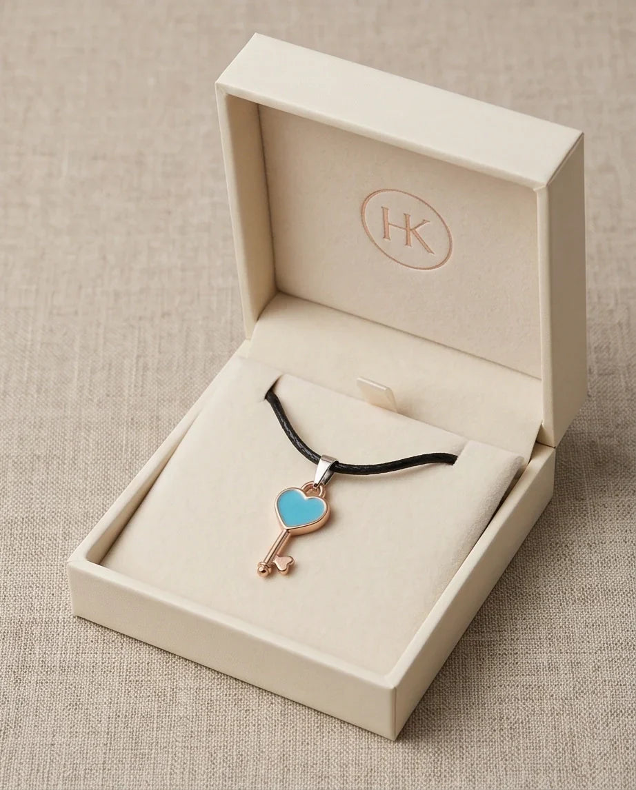 Gold and Turquoise Heart Key Pendant Necklace
