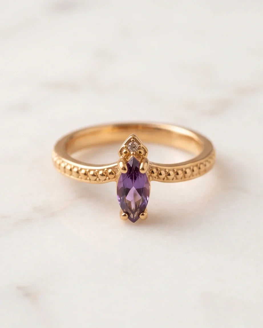 "Amethyst Aura" – Marquise Cut Gold Ring