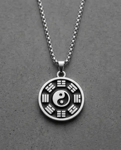 Yin Yang Bagua Symbol Medallion Silver Box Chain Necklace