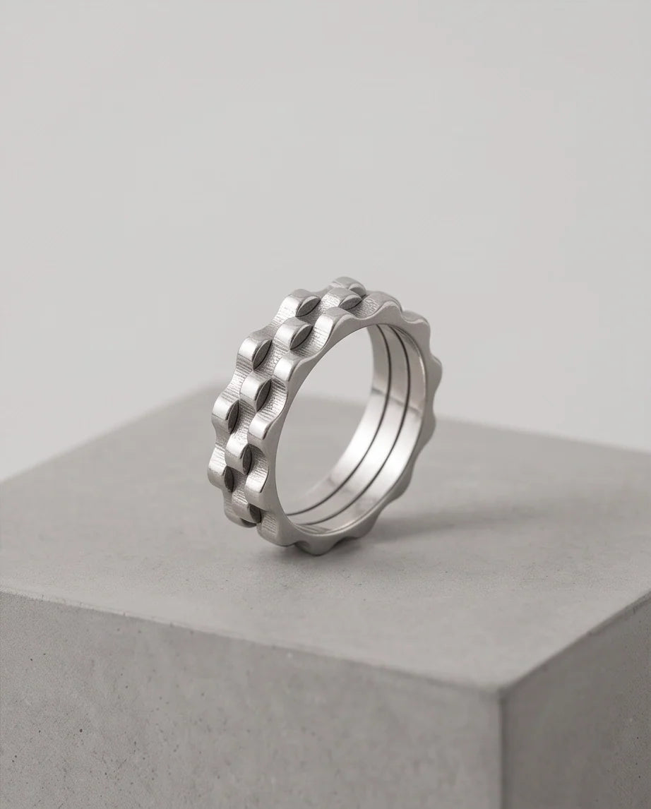 Industrial Cogwheel Scalloped Silver Band