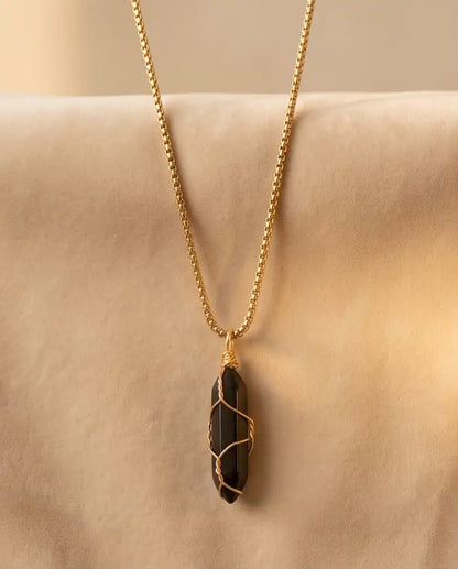 Wire-Wrapped Black Obsidian Crystal Point Pendant Box Chain