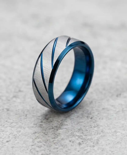 Two-Tone Brushed Silver and Blue Diagonal Groove Band Ring